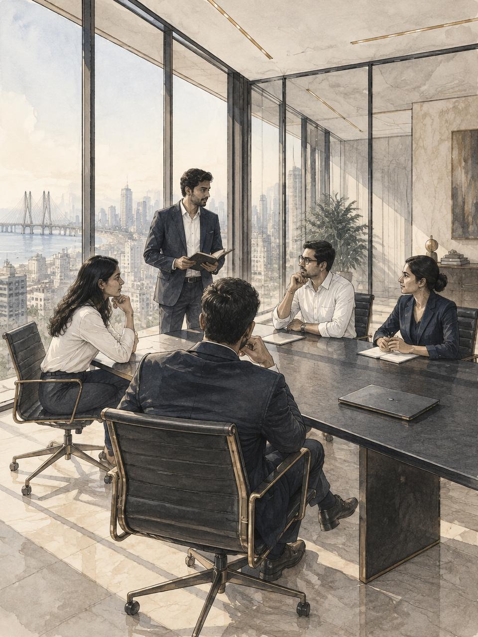 Ink-and-wash illustration of five professionals meeting in a Mumbai glass office