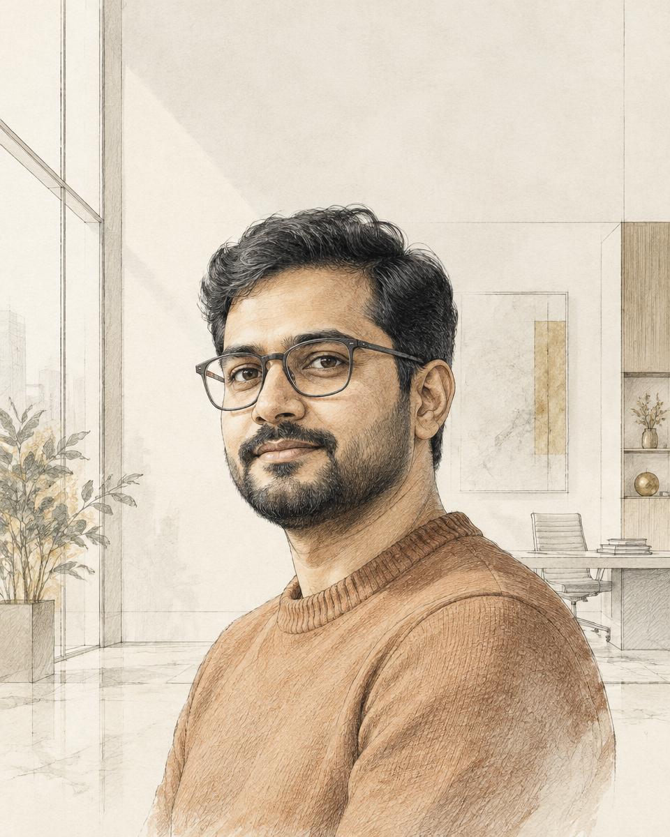Ink-and-wash portrait illustration representing Sanket Shanishchara